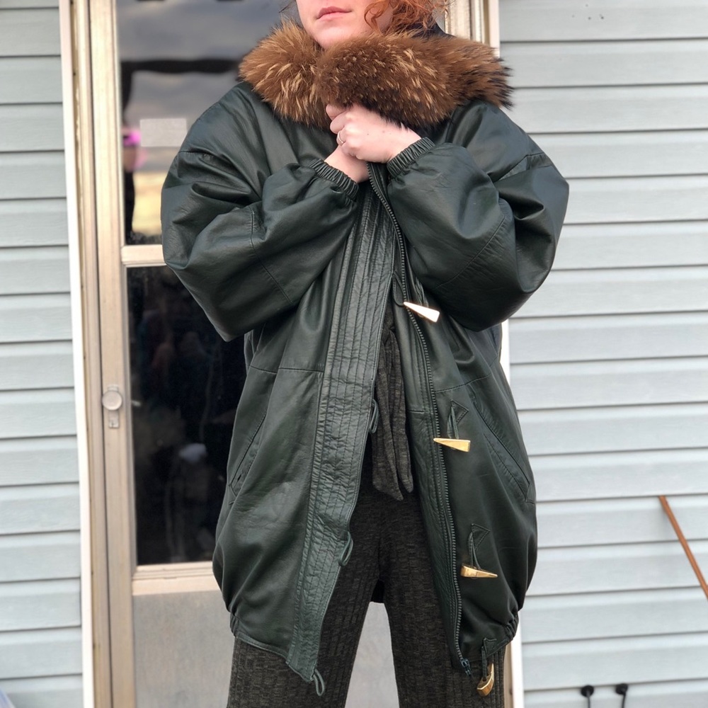 RARE Leather Coat with Fur Lined Hood